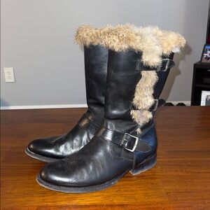 Frye Jamie Luxe Rabbit Fur Black Leather Moto Boots Size 8
